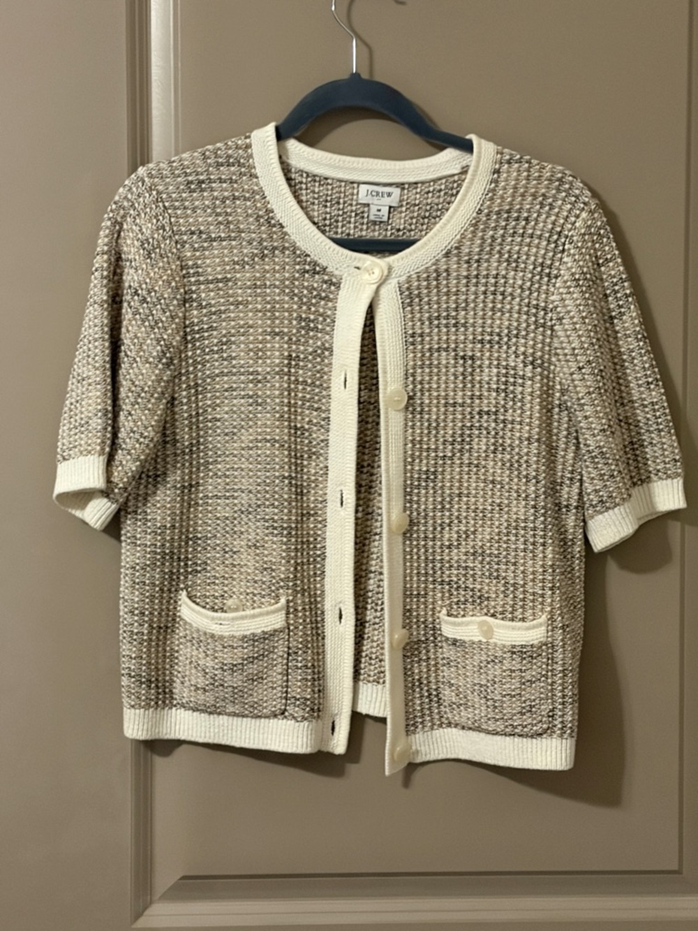J. Crew Cream-Trim Marled Tan Short-Sleeve Knit Cardigan